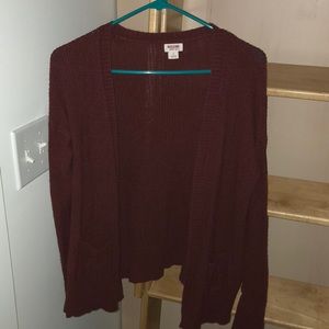 red knitted cardigan